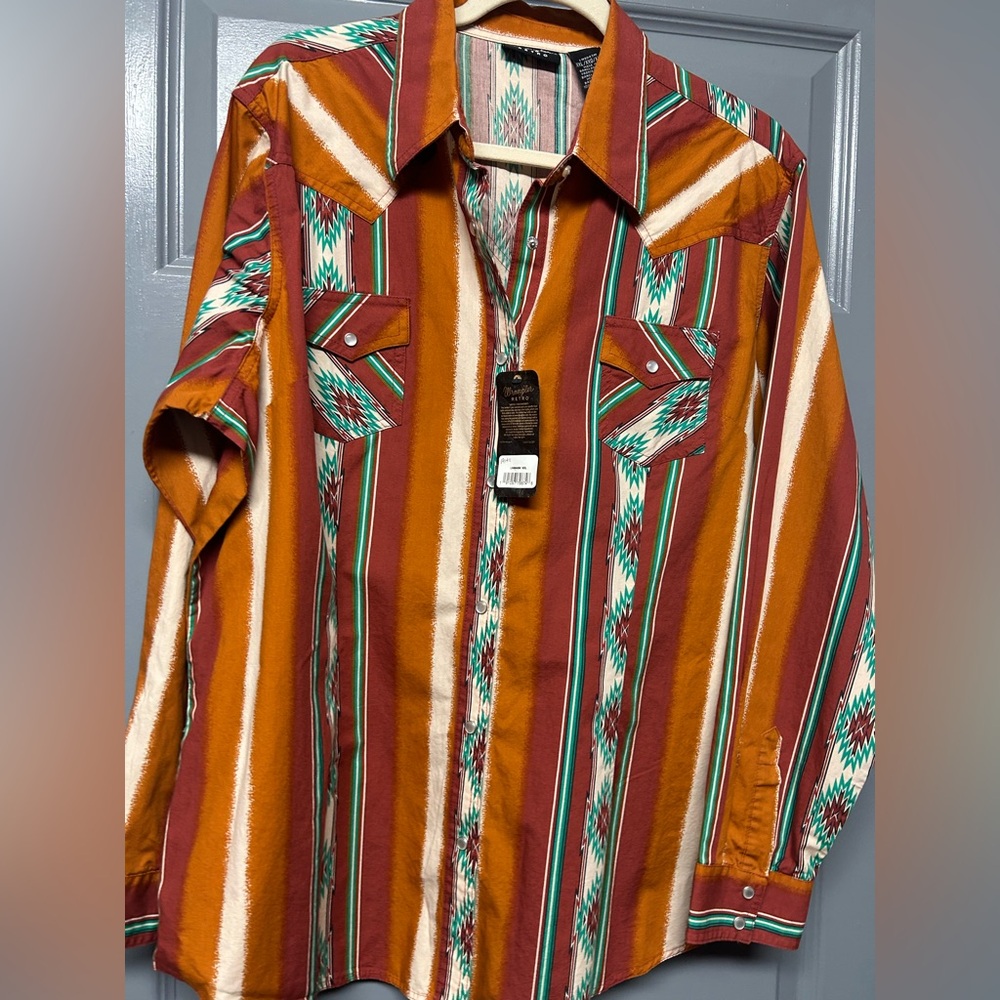 Western Stripe Button-Down Shirt in Rust and Teal